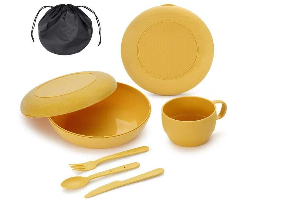 Комплект съдове за къмпинг 2 броя (Camping Mess Kit) – жълт цвят, 6х2 (12 части за двата комплекта)