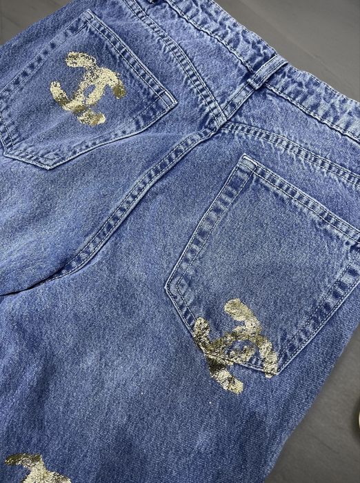 Chanel denim шанел дънки панталони златни висока талия лъскави сини