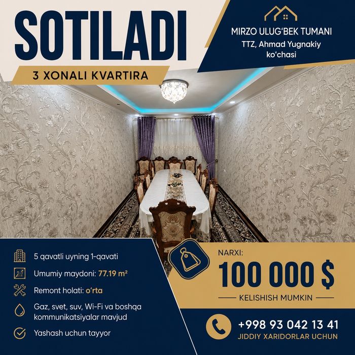 3 xonali kvartira sotiladi.