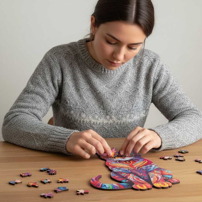 Puzzle din lemn pisica 130 piese colorate pentru adulti copii 38x24cm