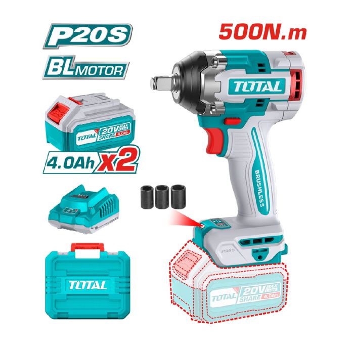 Акумулаторен ударен безчетков гайковерт Total  20V 2x4Ah