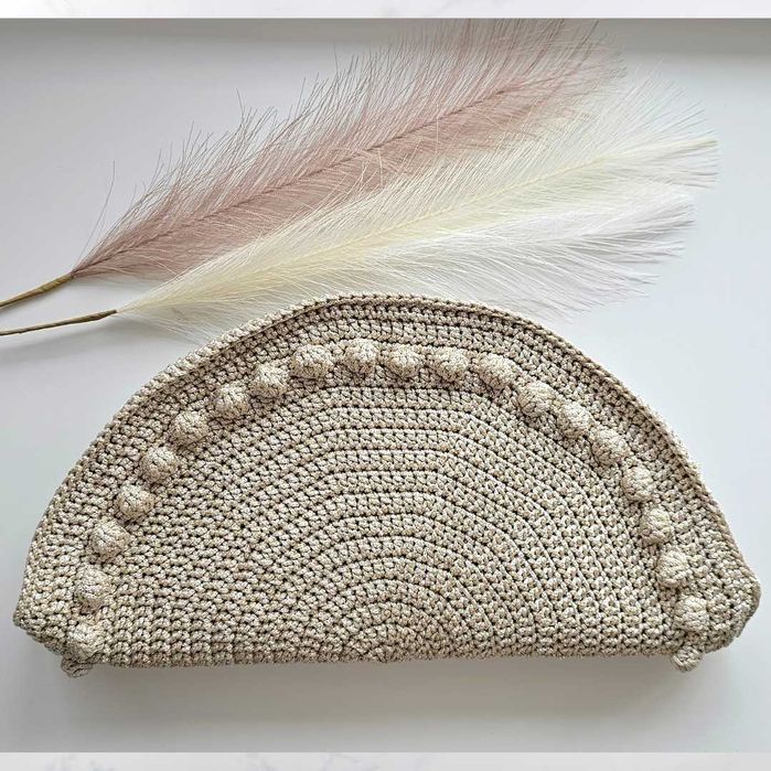 Златна ръчно плетена чанта – Бохо чанта, вечерен клъч, чанта с цип