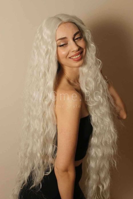 Дълга къдрава бяло руса лейс фронт перука Саша