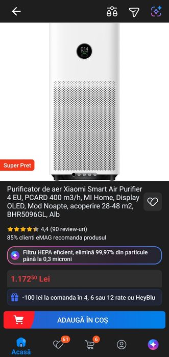 Ca NOU Purificator de aer Xiaomi Smart Air Purifier 4 EU, 400 m3/h, ionizare, Aplicatie Display OLED Mod Noapte acoperire 28-48 m2, nu Dyson Philips