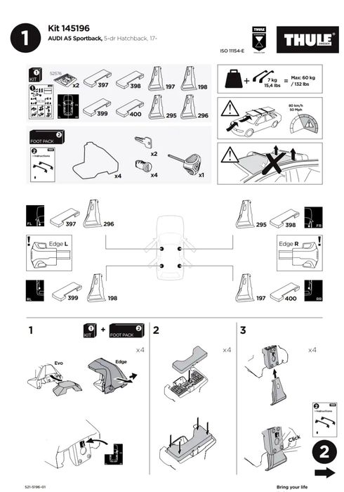 Thule Evo Clamp 7105  set 4 buc + kit prindere 145196.