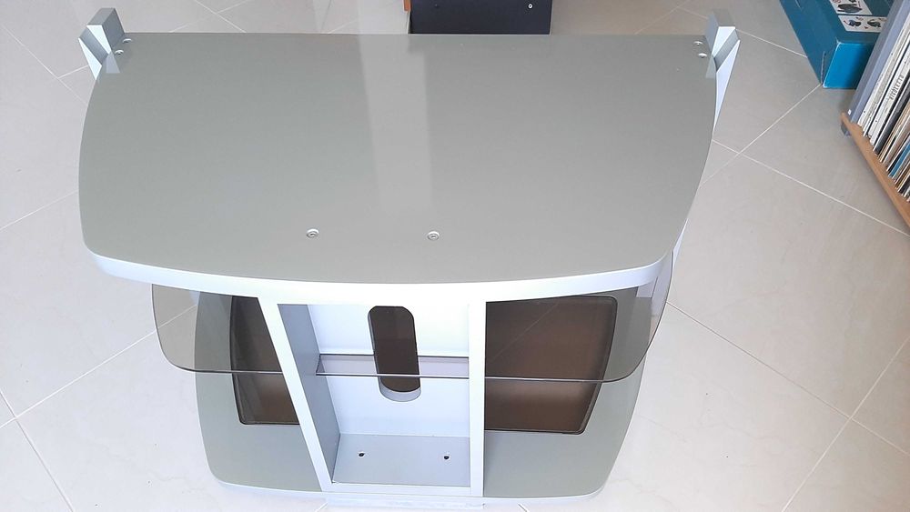 Suport (stand) TV Samsung, 3 etaje fixe, argintiu, lemn/sticla, nou