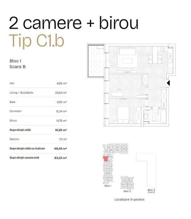De Vanzare Apartament 2 camere + birou + terasa 10.53mp, Bdul Ghencea