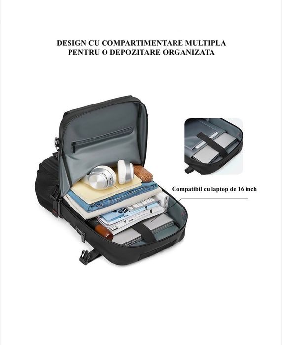 Rucsac calatorie/laptop 16” full impermeabil, 35 l, 30x16x46 cm, Negru