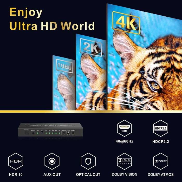iArkPower 5 входа - 1 изход 4K/60Hz HDMI суич - аудио екстрактор