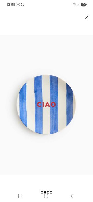 Farfurie ceramică, dungi albastre și albe, inscriptie CIAO. Diam. 21 cm, h: 2 cm