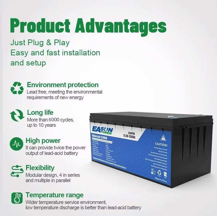 Baterie Easun LiFePO4, capacitate 200 Ah, protectie IP65, 12 V-200 Ah