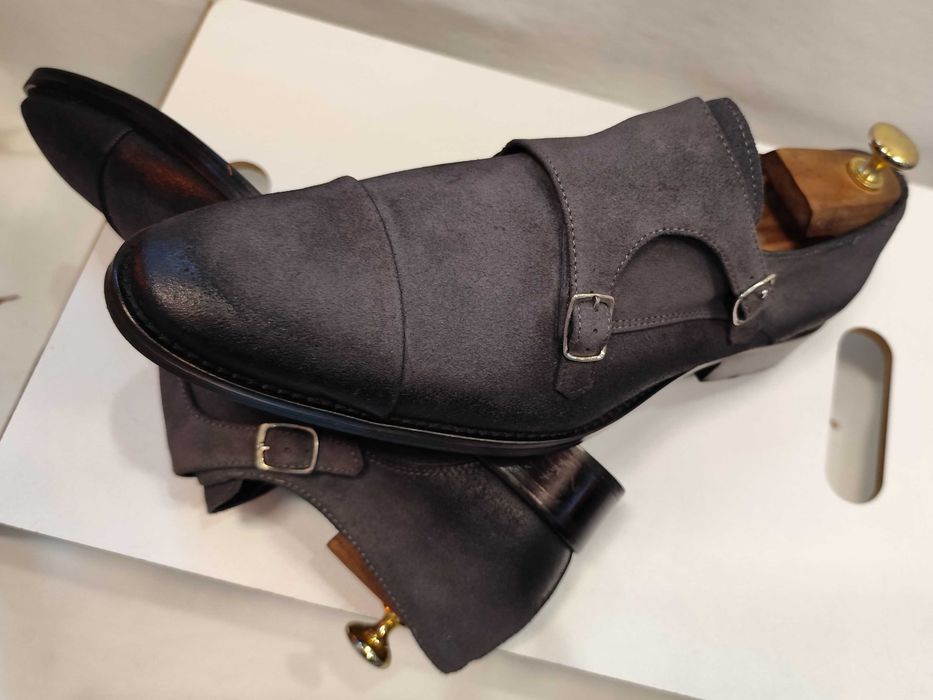Pantofi double monk 42 42.5 de lux Lavoratione Artigianale NOI piele naturala suede gri