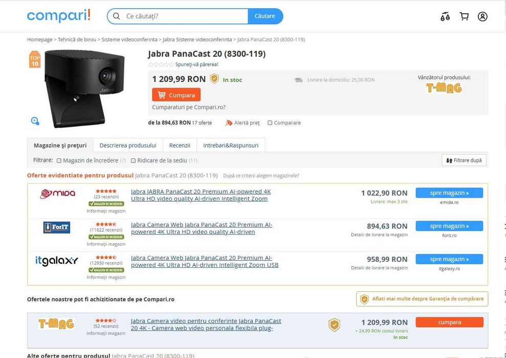 Camera JABRA PanaCast 20, 4K Ultra HD , VideoChat, videoconferinta