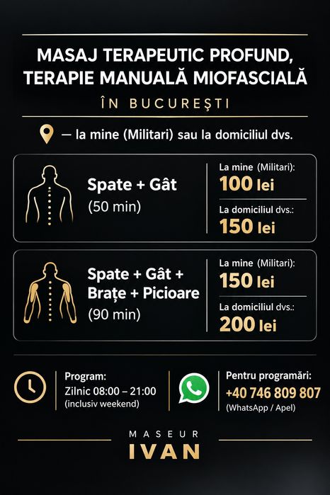 Masaj terapeutic, terapie manuală miofascială la domiciliu în București. Maseur profesionist. Deep Tissue. Spate, gât, umeri. Sector 1, 2, 3, 4, 5, 6.