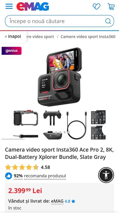 Camera video sport Insta360 Ace Pro 2, 8K, Dual-Battery Bundle,  SIGILATA