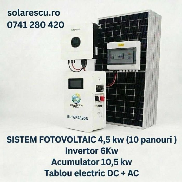 Kit Solar Off-Grid Growatt 4500W cu baterie LiFePO4 de 10,5 Kw