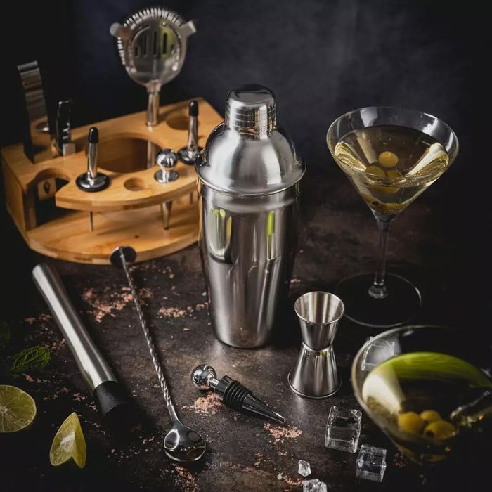 Set barman pentru bauturi, cocktailuri, shaker, 12 elemente, argintiu,