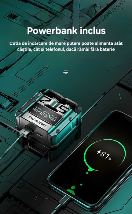 Căști TWS M25 cu Powebank 1200mAh.  Microfon. Muzică/gaming.Waterproof