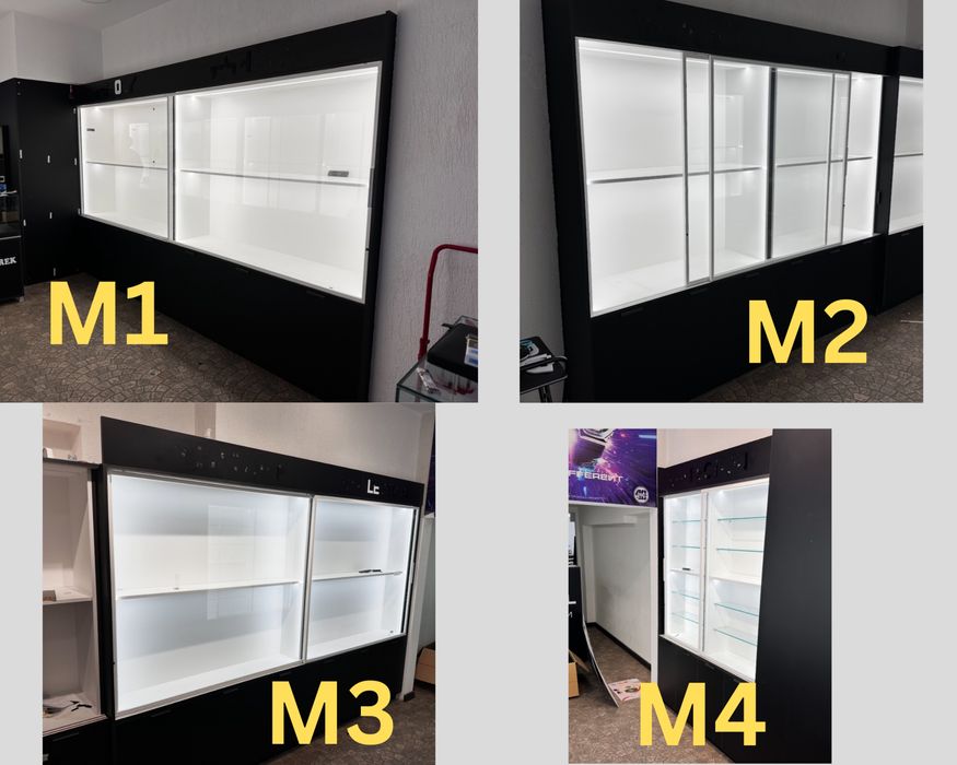 Дизайнерски LED витрини по поръчка – 4 модула от MDF и стъкло