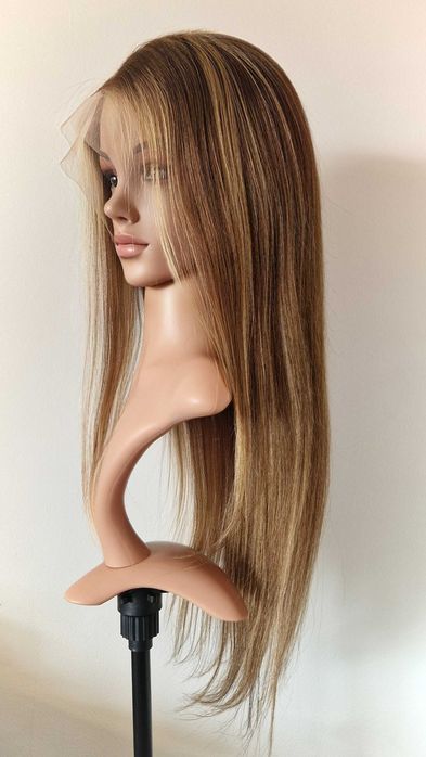 Естествена перука  70–75 см – Lace Front 13x6, кафява с руси кичури