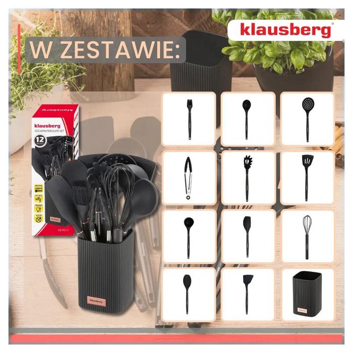 Set ustensile de bucatarie, 12 piese din silicon negru, Klausberg
