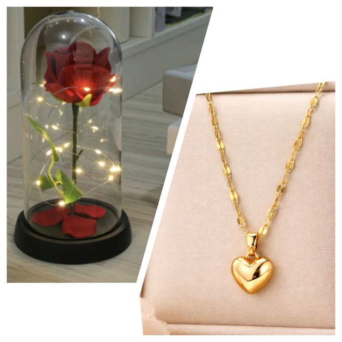 Комплект за подарък - стъкленица с вечна роза + колие сърце