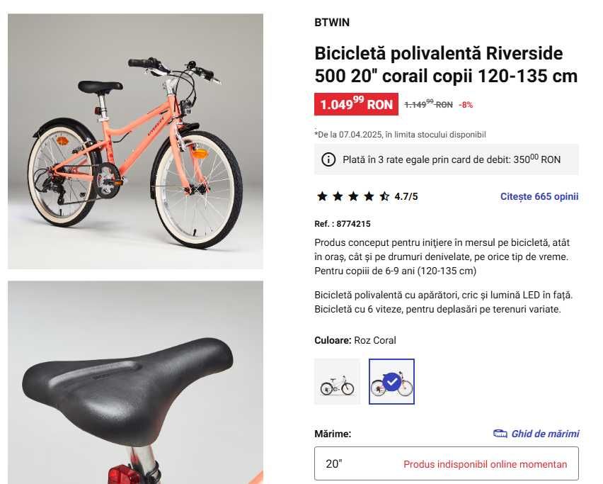 Bicicletă Riverside 500 20'' corail copii 120-135 cm