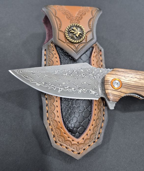 Сгъваем нож дамаска стомана с кожена кания,SD16