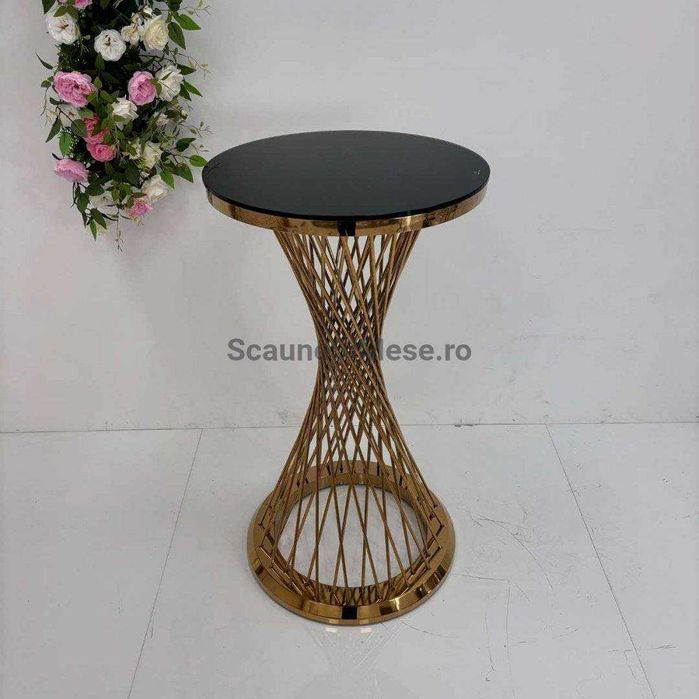 Masa Luxury Cocktail/Stand-Up, Baza Spirala Aurie, Blat Sticla Neagra