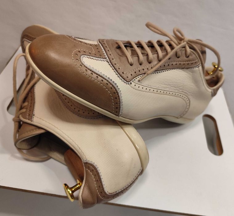 Pantofi casual de lux 43 43.5 SANTONI piele naturala moale alb bej camel