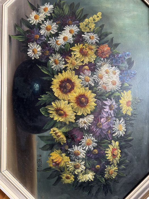 Tablou,pictura in ulei pe lemn ,vaza cu flori de camp ,semnat.