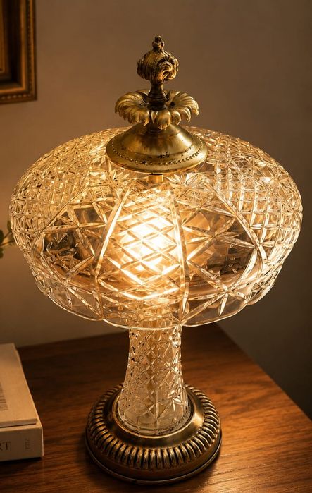 Lampă de masă vintage  realizată din cristal tăiat manual, având o bază și accente din alama și  bronz.