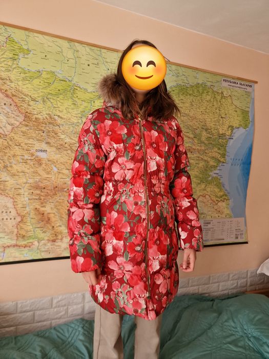 Дълго зимно яке с качулка за момиче 158 с пух