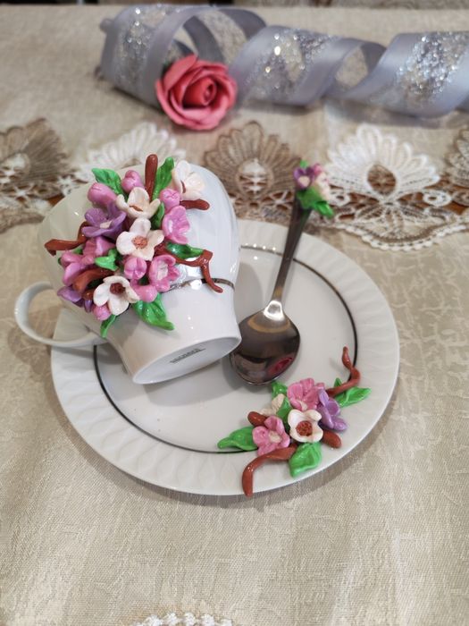 Set cadou ( cană+farfurie+linguriță) cafea handmade