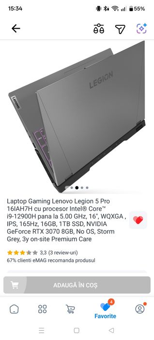 Laptop Lenovo Legion 5 Pro i9‑12900H, RTX 3070 16GB RAM, 1TB SSD