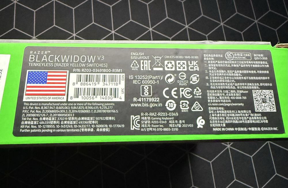 Tastatura Gaming Razer BlackWidow V3 TKL Yellow Switches, Sigilata