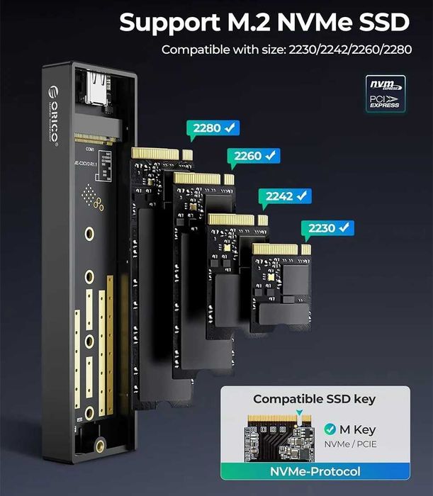 Carcasa ORICO M.2 SATA NVMe SSD Rack 10Gbps Extern USB 3.2 1TB 2TB