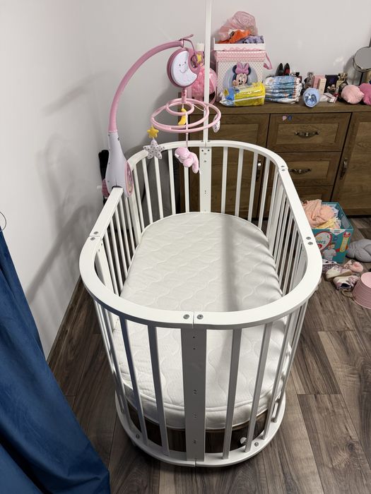 Patut lemn Fairytale Mobexpert cu saltea bambus si baldachin incluse