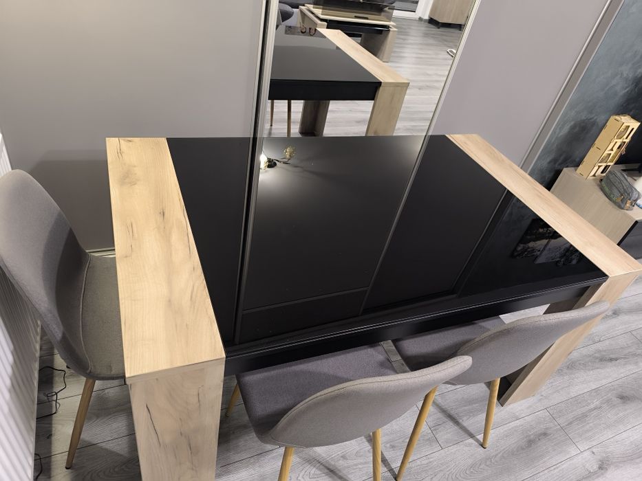 Set mobilier living – masă dining + măsuță cafea + 2 polițe perete, sticlă neagră