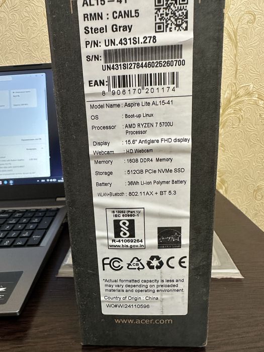 Ноутбук ACER AL 15-41 AMD R7-5700U/16GB RAM/512GB SSD/15.6 FHD/ D
