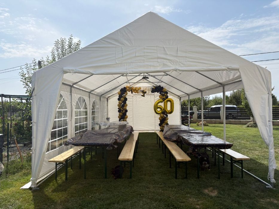 Cort evenimente 4x8, vitrina frig,dozator bere si prosecco,mese,banci