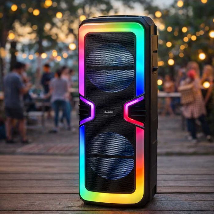 Активна Караоке Тонколона 2х8 инча с Безжичен Микрофон и RGB светлини