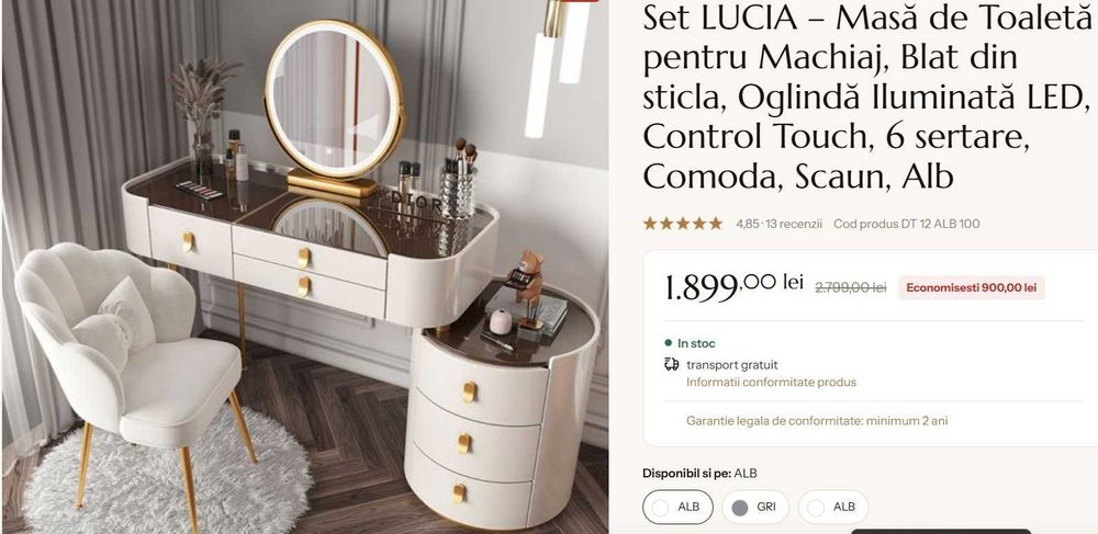 Set LUCIA – Masă de Toaletă pentru Machiaj, Blat din sticla, Oglindă Iluminată LED, Control Touch, 6 sertare, Comoda, Scaun, Alb