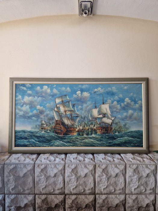 Прекрасна голяма антикварна авторска картина масло върху платно