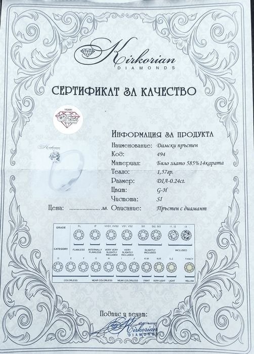 Чисто нов, неупотребяван пръстен от бяло злато с диамант Kirko