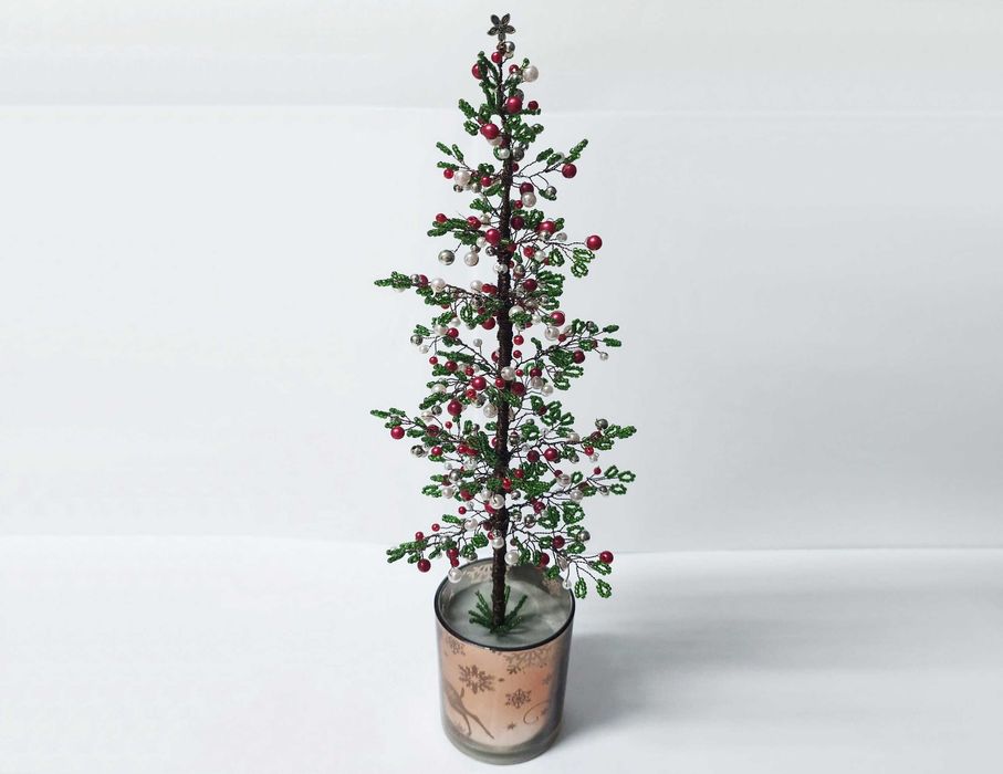 Brad Craciun decor unicat rosu, argintiu si verde inchis, inalt 36 cm