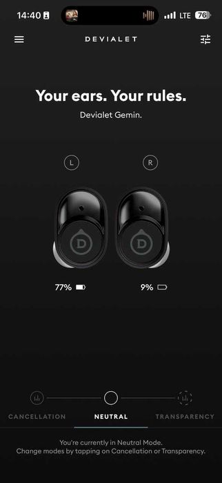 Căști Bluetooth Devialet Gemini I (T110) - Cutie completă / Baterie dreapta 1h