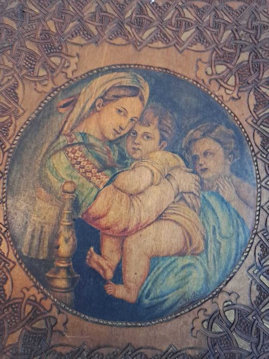 icoana veche pictura reproducere Rafael 17/20 cm semnata