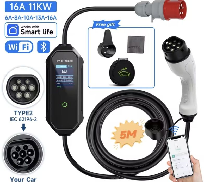 Statie portabilă trifazata, 11Kw, type 2,  SMART Wifi,  încărcare mașini electrice sau 7.2kw monofazat