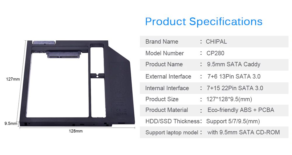 Adaptor HDD SSD la DVD CD Caddy laptop 12.7mm 9.5mm interf Sata-Sata